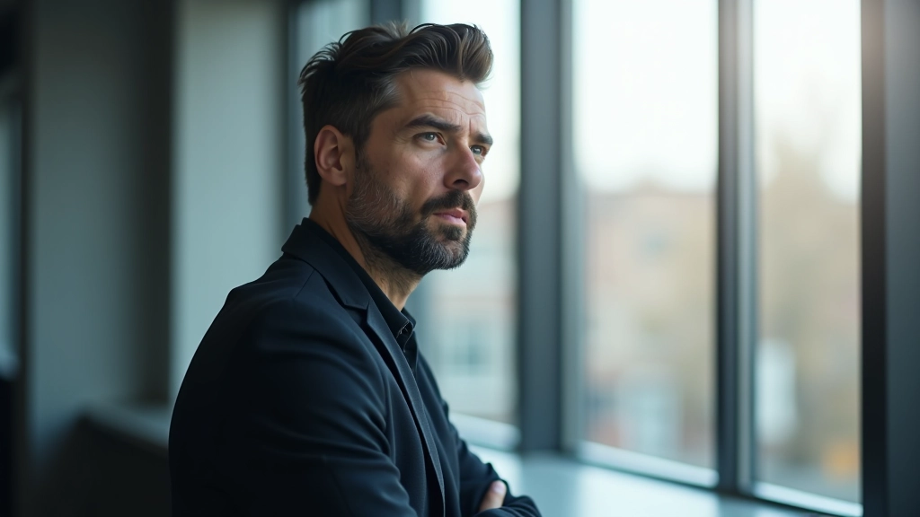 Man staat voor groot raam in kantoor, kijkt naar horizon, inspirerend moment