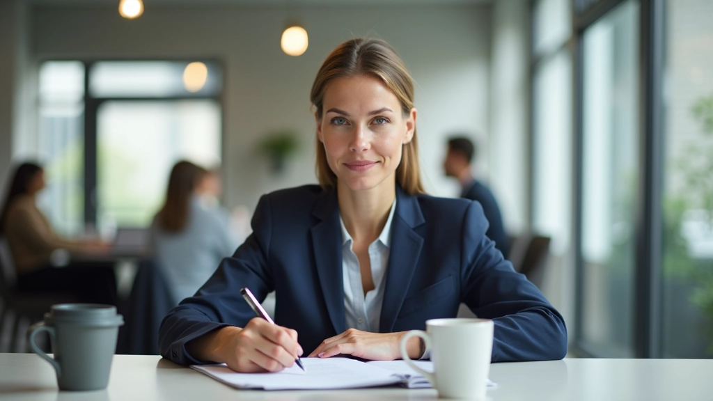 Zakenvrouw zit aan bureau met notitieboek en koffie, concentreren op werk